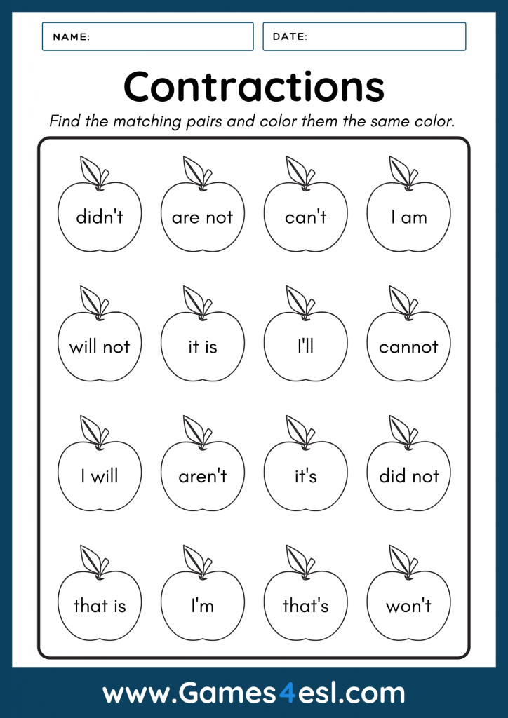 A contractions worksheet for kids.