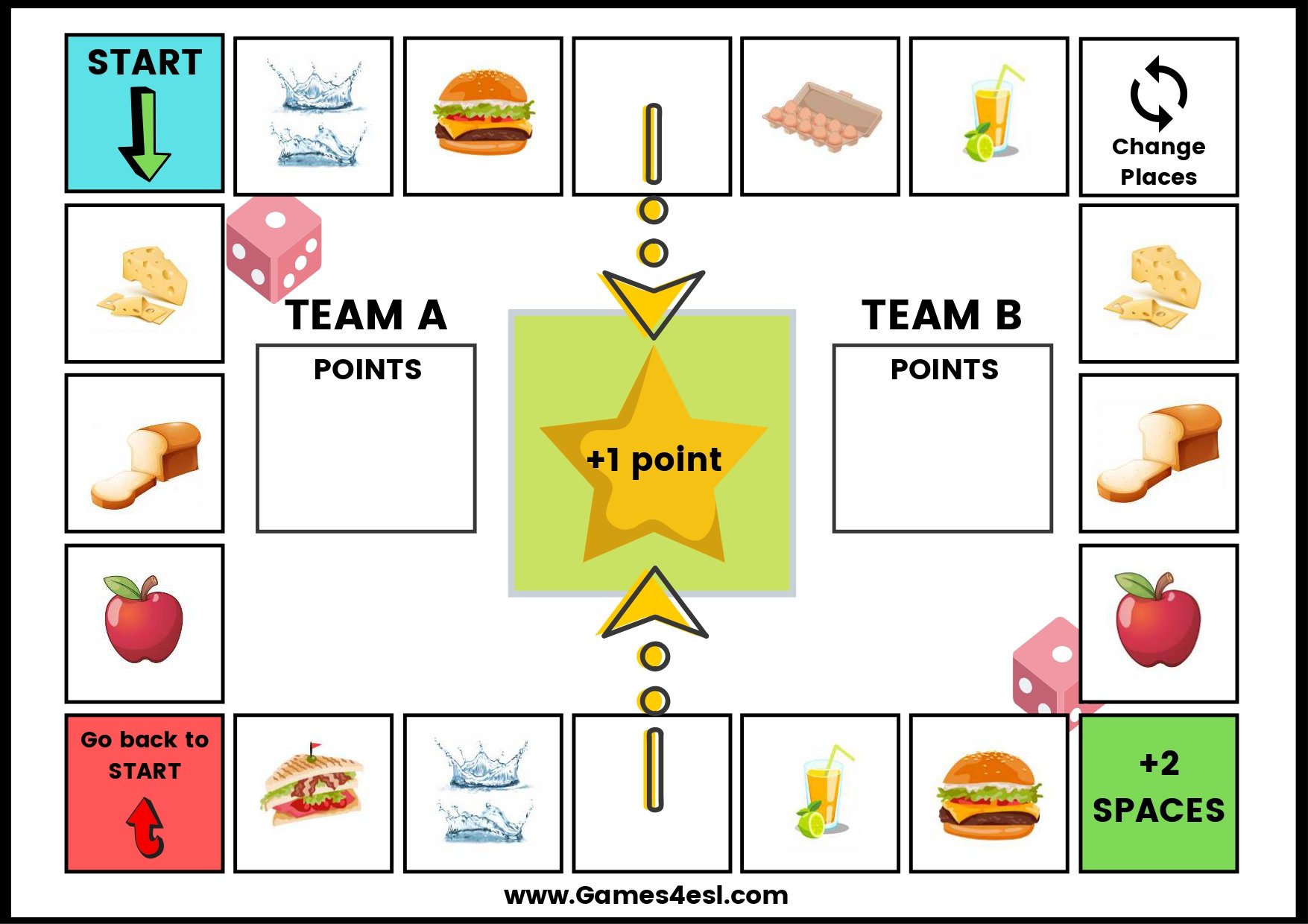 A printable board game to teach countable and uncountable nouns in English.