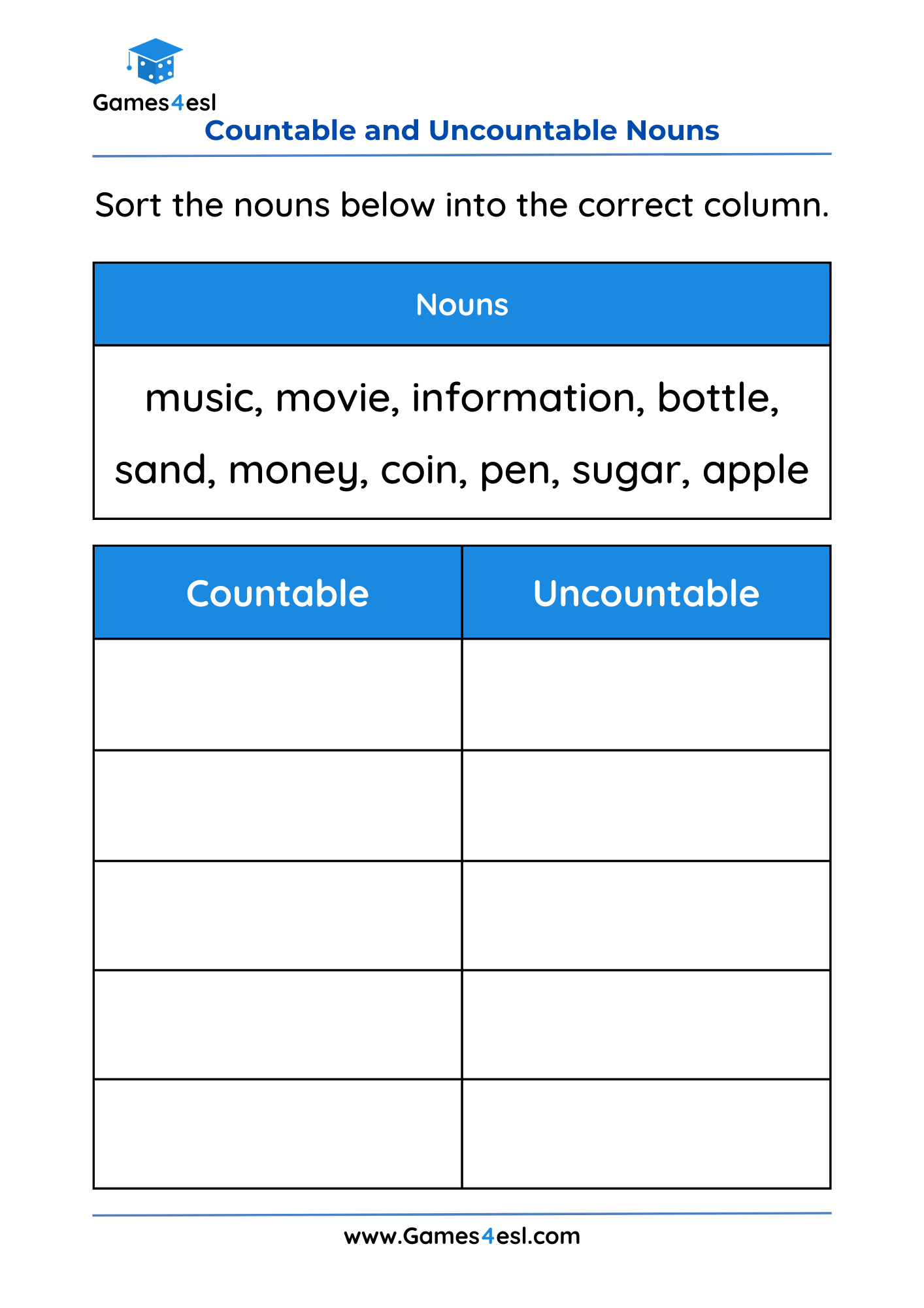 A worksheet about countable and uncountable nouns.