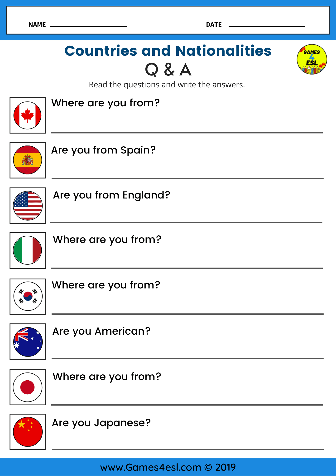countries and nationalities worksheets games4esl