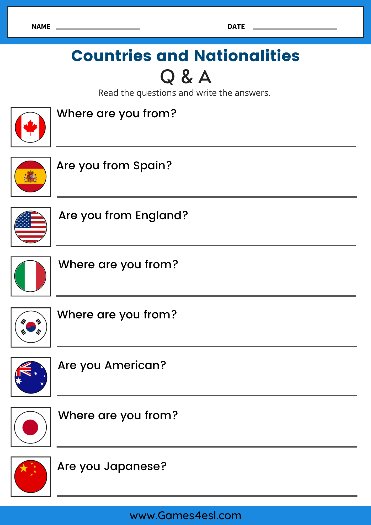 Printable ESL worksheet with country flag images and questions like “Where are you from?” for practicing countries and nationalities.