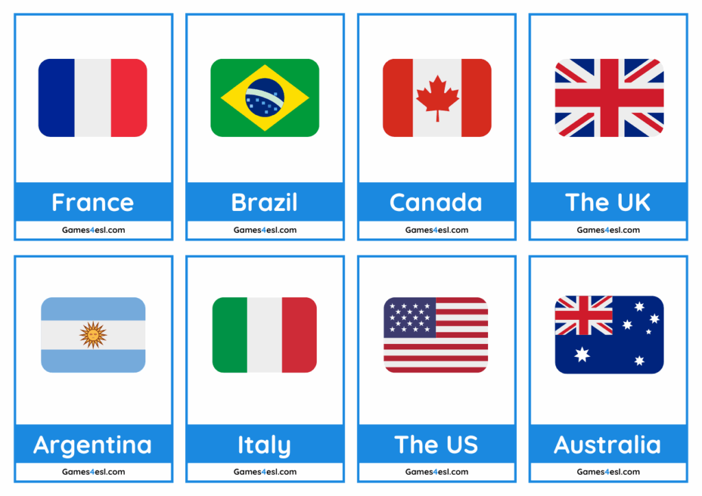 An example of 8 country flag flashcards.