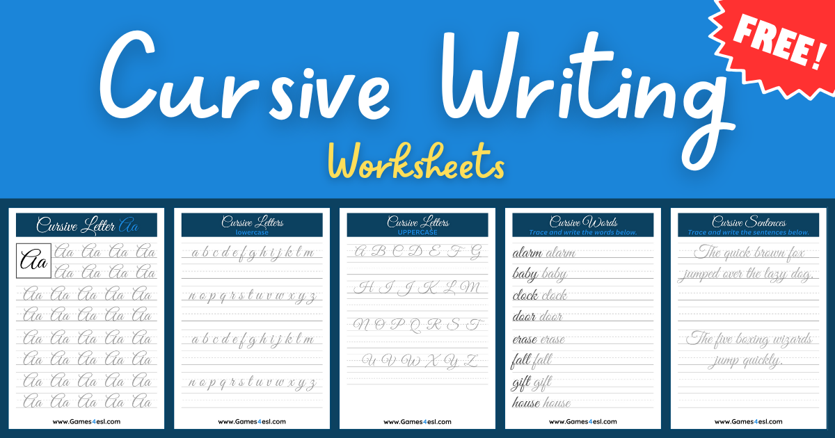 Collection of printable cursive writing worksheets for practicing cursive letters, words, and sentences