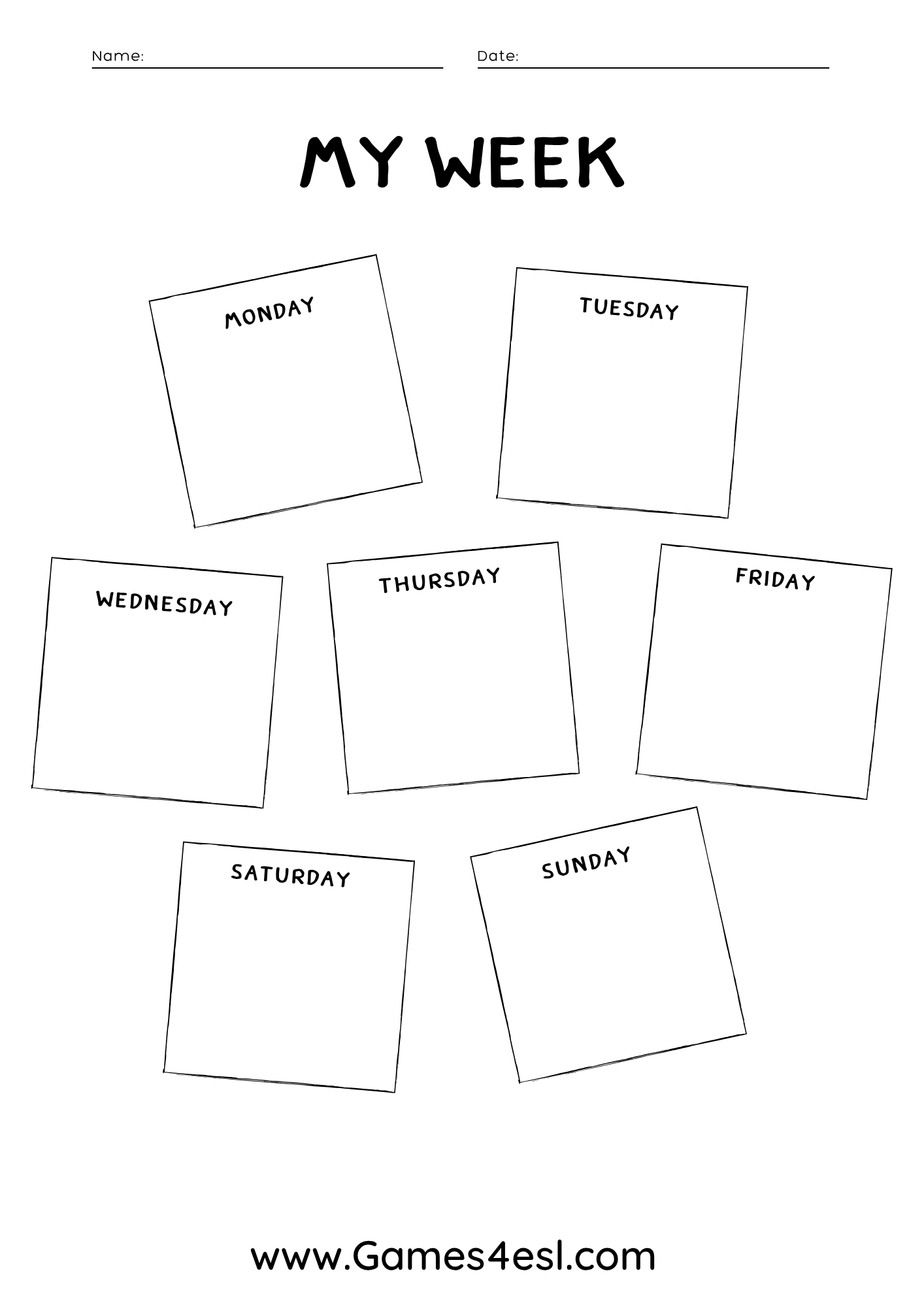 A worksheet for writing a daily diary for all seven days of the week.