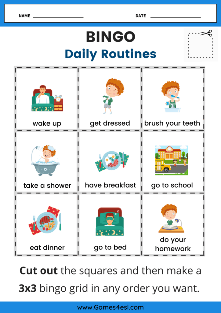 A daily routine bingo worksheet for kids.