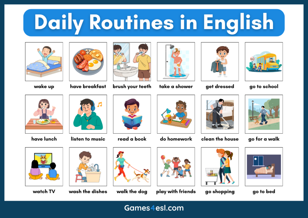 A printable list of daily routines in English.