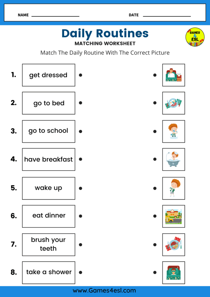 A daily routine worksheet for beginners in which students must match the words to the picture.