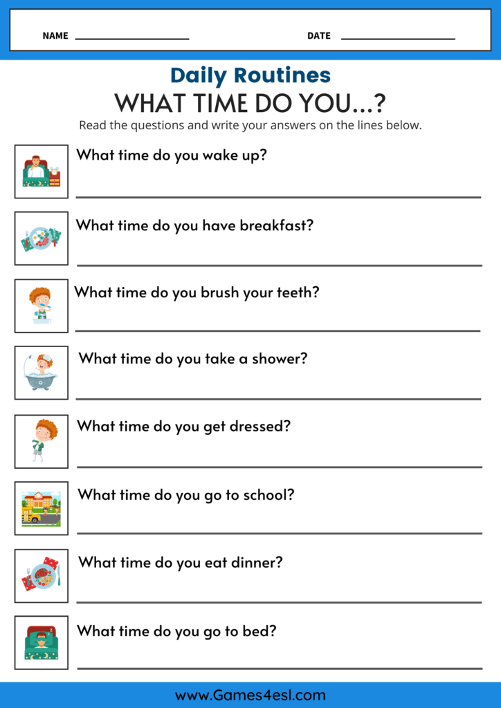 A daily routine worksheet that asks students to write about their own daily routine.