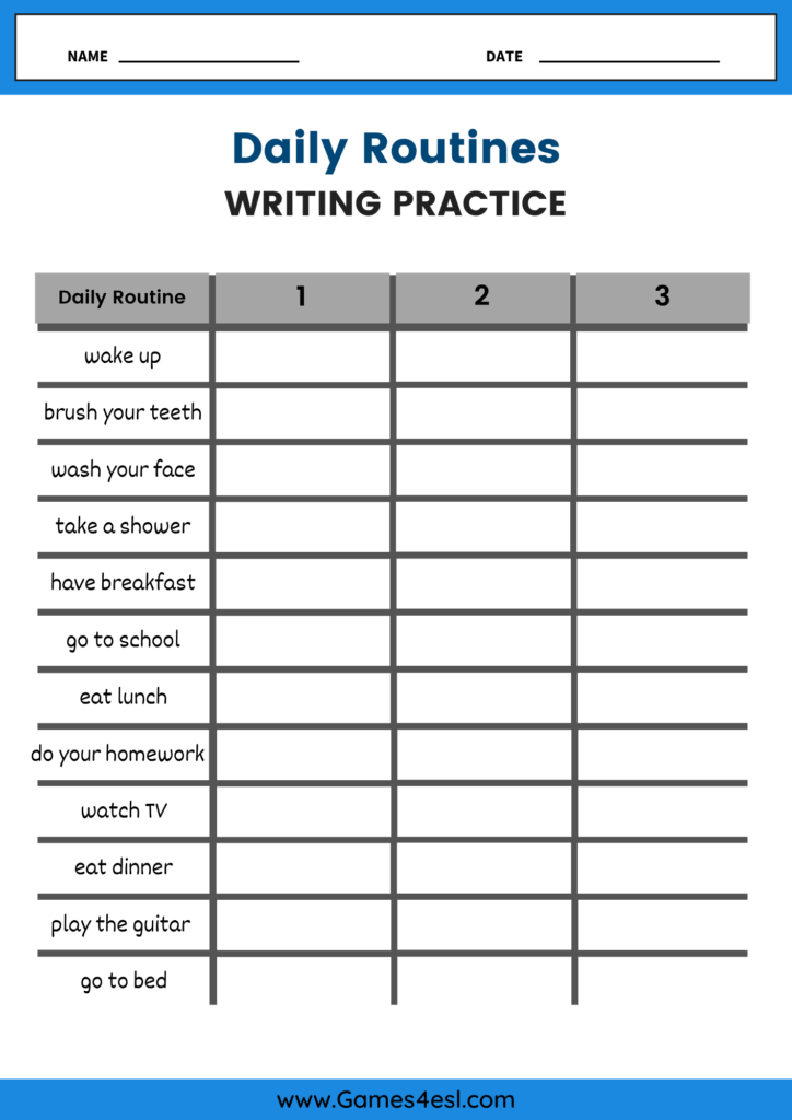 A daily routine writing practice worksheet for beginners.