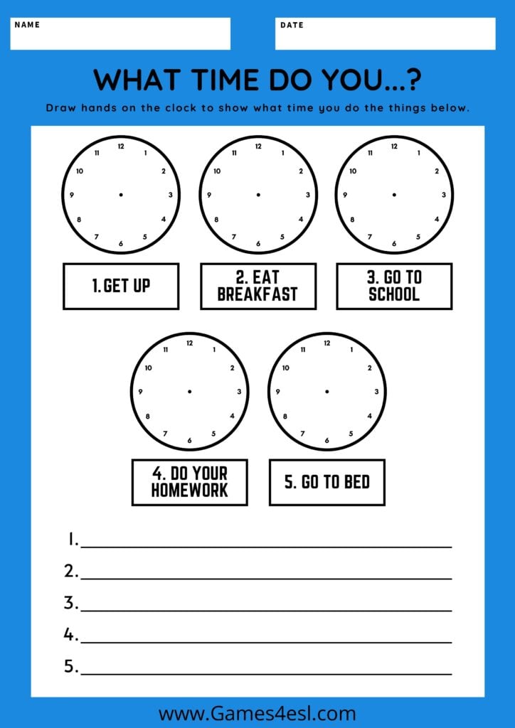 A daily routine worksheet with blank clocks.