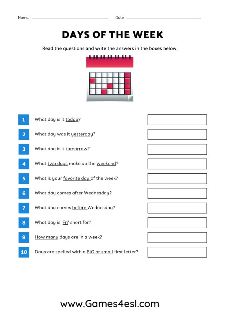 A days of the week worksheet with questions.