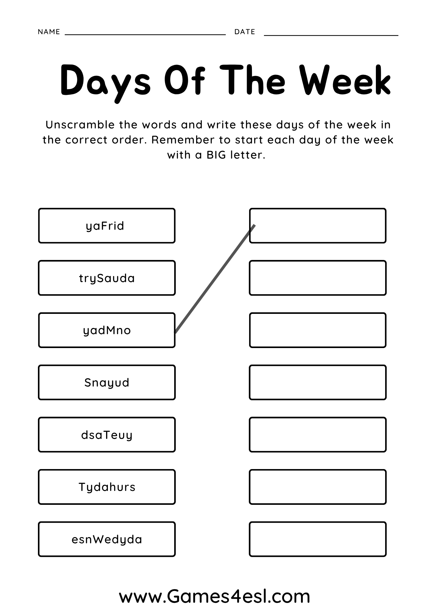 A printable worksheet for teaching the order of the days of the week in English.