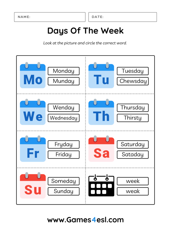 A printable worksheet for practicing spelling the days of the week in English.