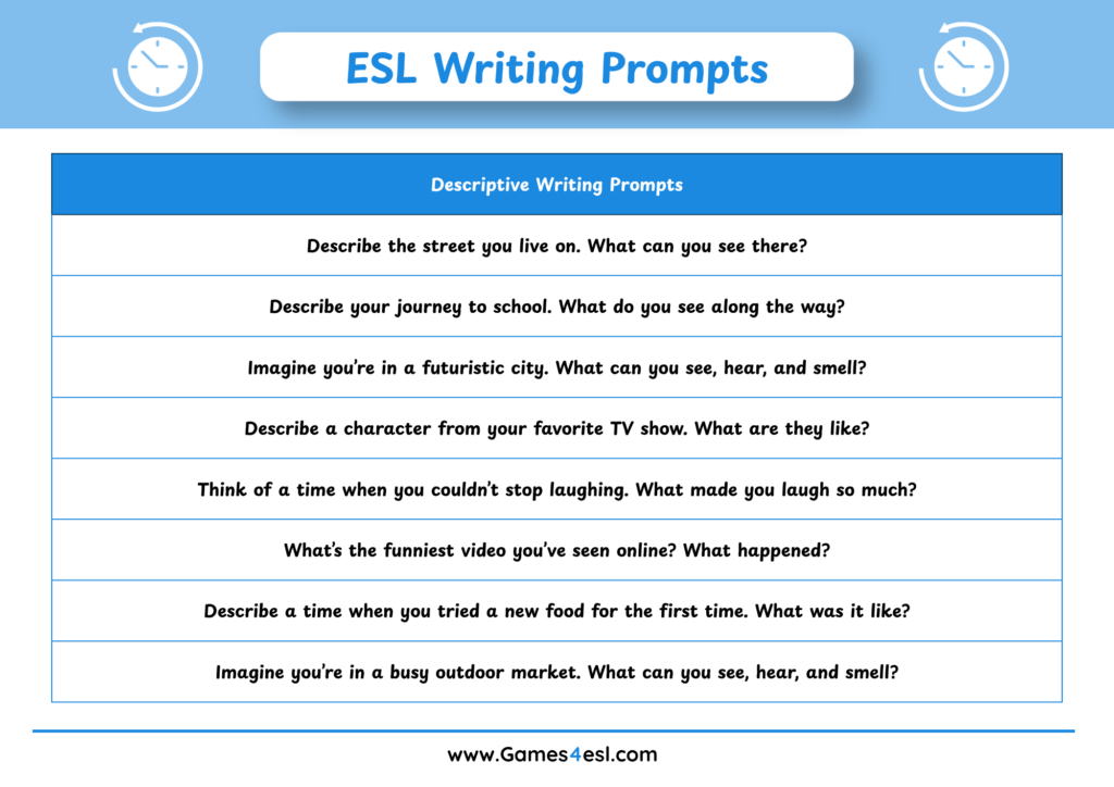 Descriptive writing prompts for esl students.