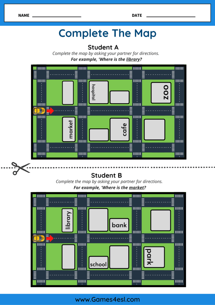 Printable ESL worksheet for a speaking activity in which students ask and answer questions to find places on a map.