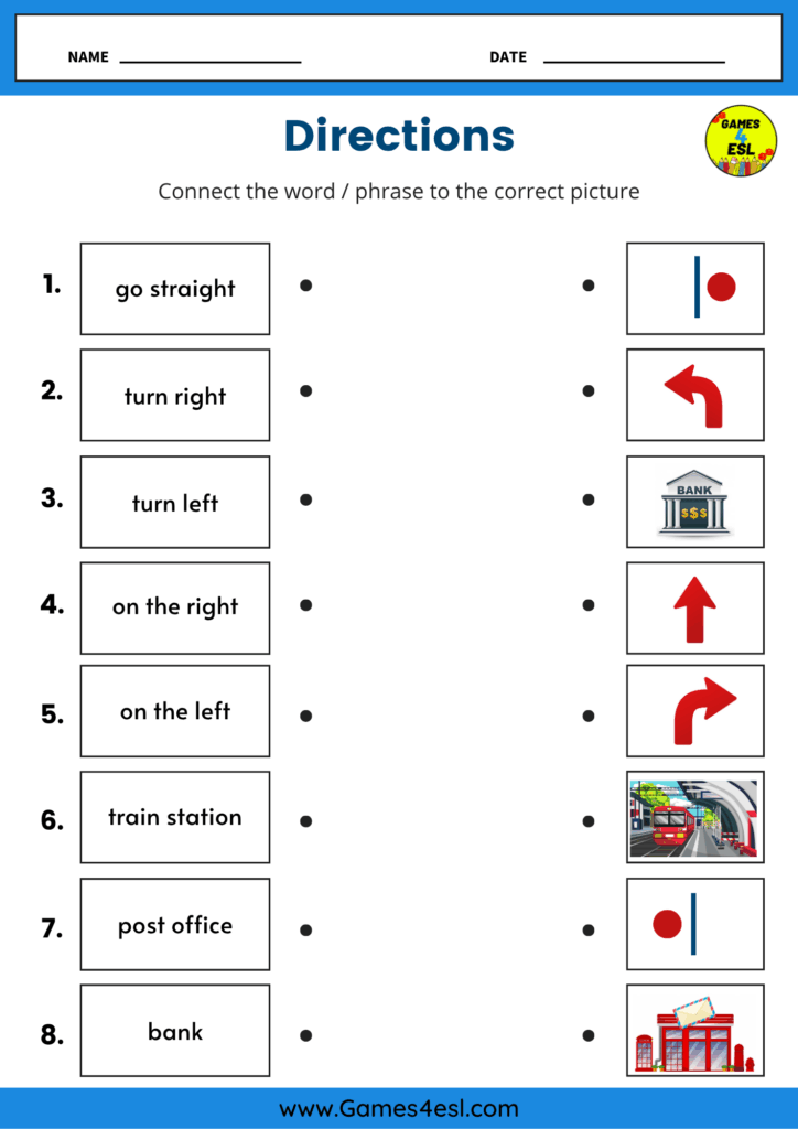 Printable ESL worksheet for matching common directions vocabulary words to the correct pictures.
