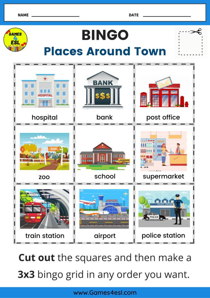 Printable ESL bingo worksheet with pictures of places around town for vocabulary and speaking practice.