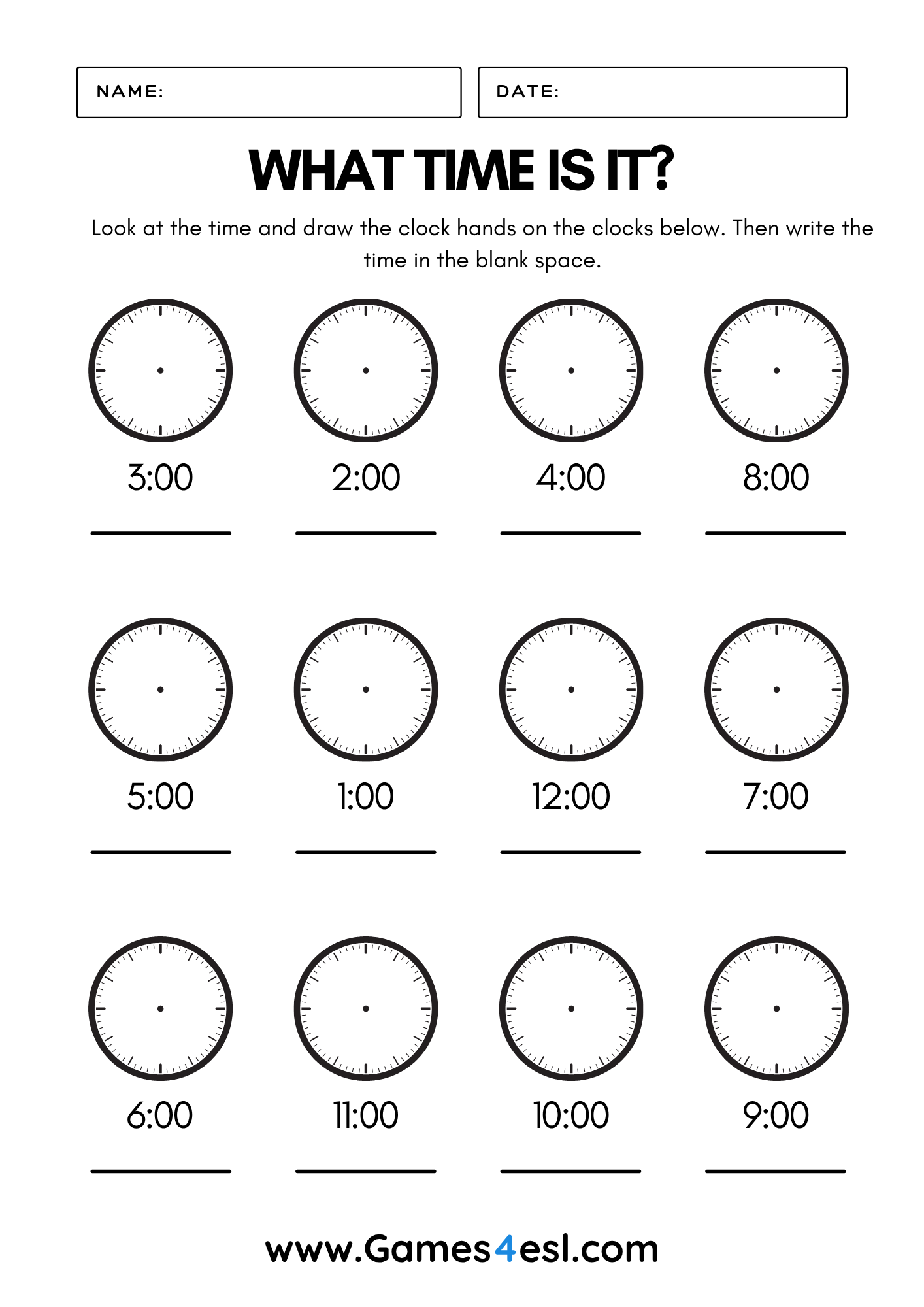elling the time worksheet – students draw clock hands for times from one o’clock to twelve o’clock and write the time in words.