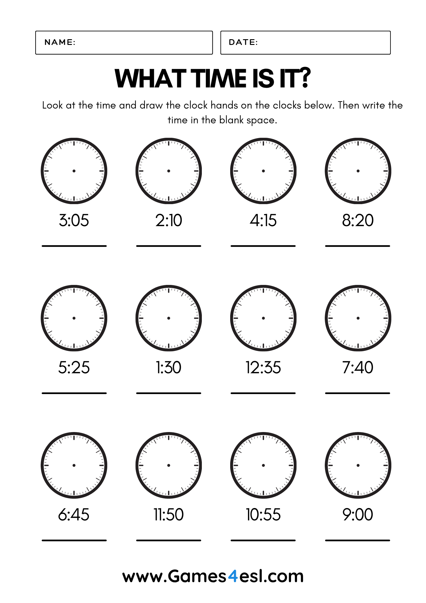 Telling the time worksheet – students draw clock faces for times with hours and minutes such as 3:15 and 7:45.