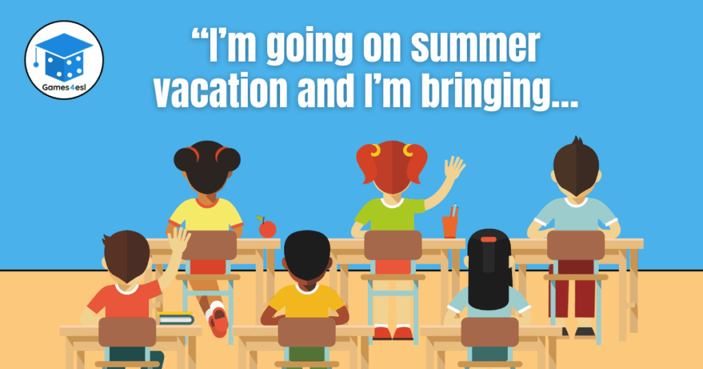 An illustration of a classroom of students playing an ESL Summer game.