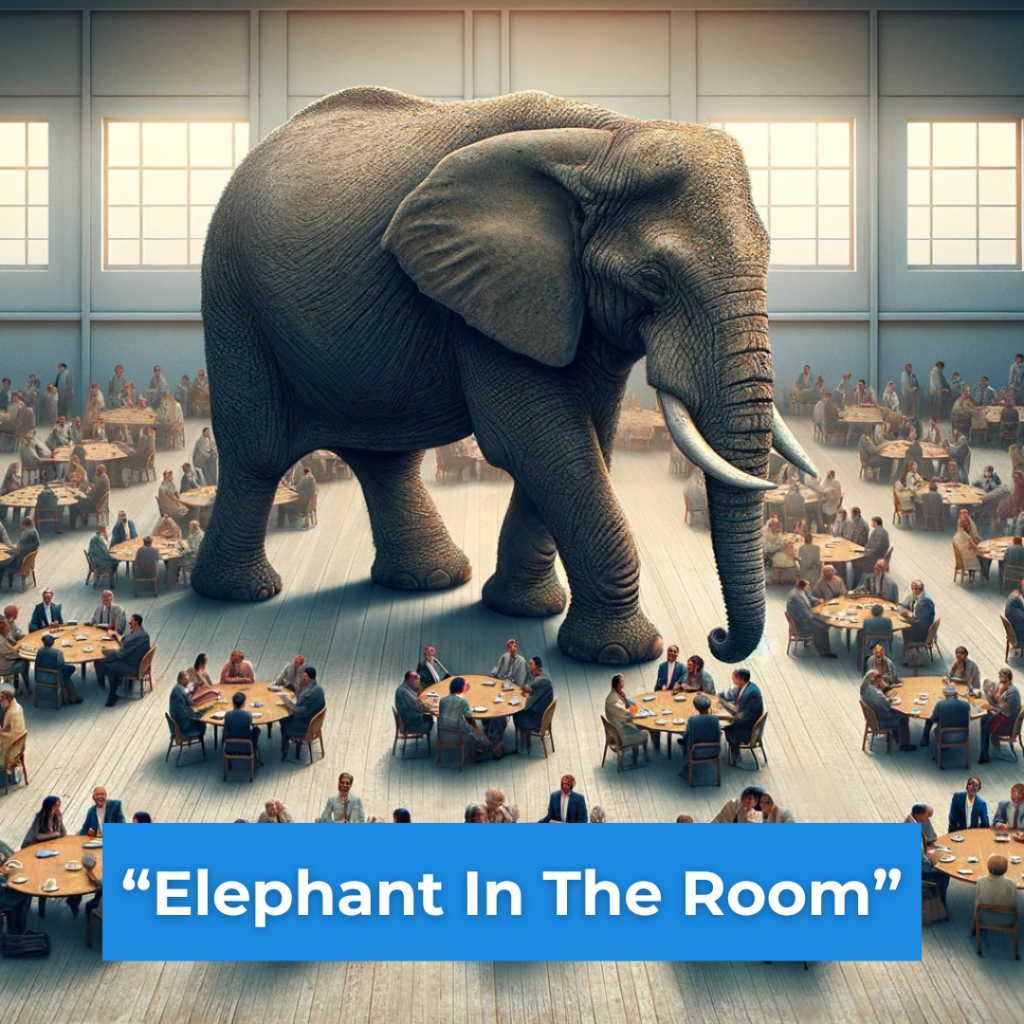 A picture depicting the English idiom "Elephant in The Room"