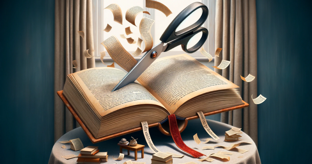 A picture of scissors cutting up a story book representing the English Idiom "Cut A Long Story Short"