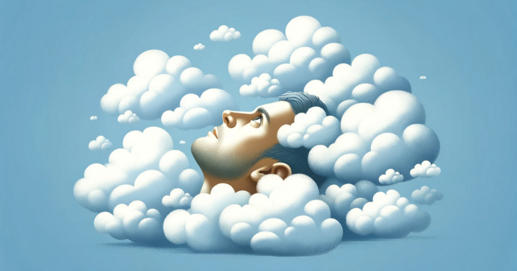A depiction of the English Idiom "Head In The Clouds"