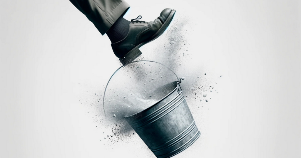 A foot kicking a bucket representing the English idiom "Kick The Bucket"