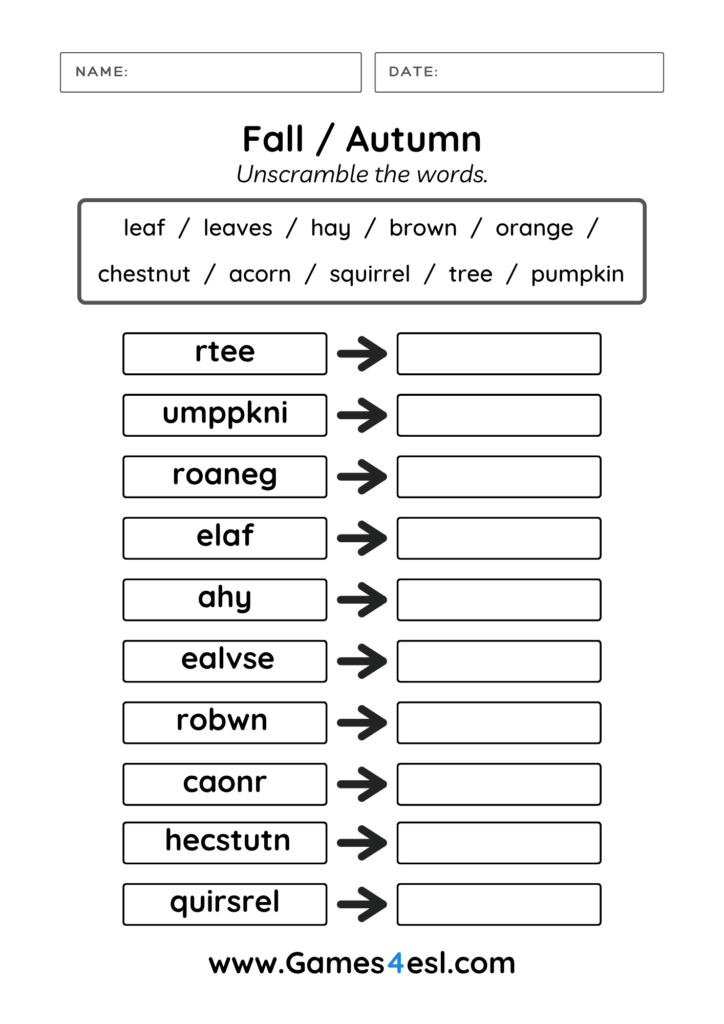 A printable worksheet in which students unscramble words to spell a fall word.