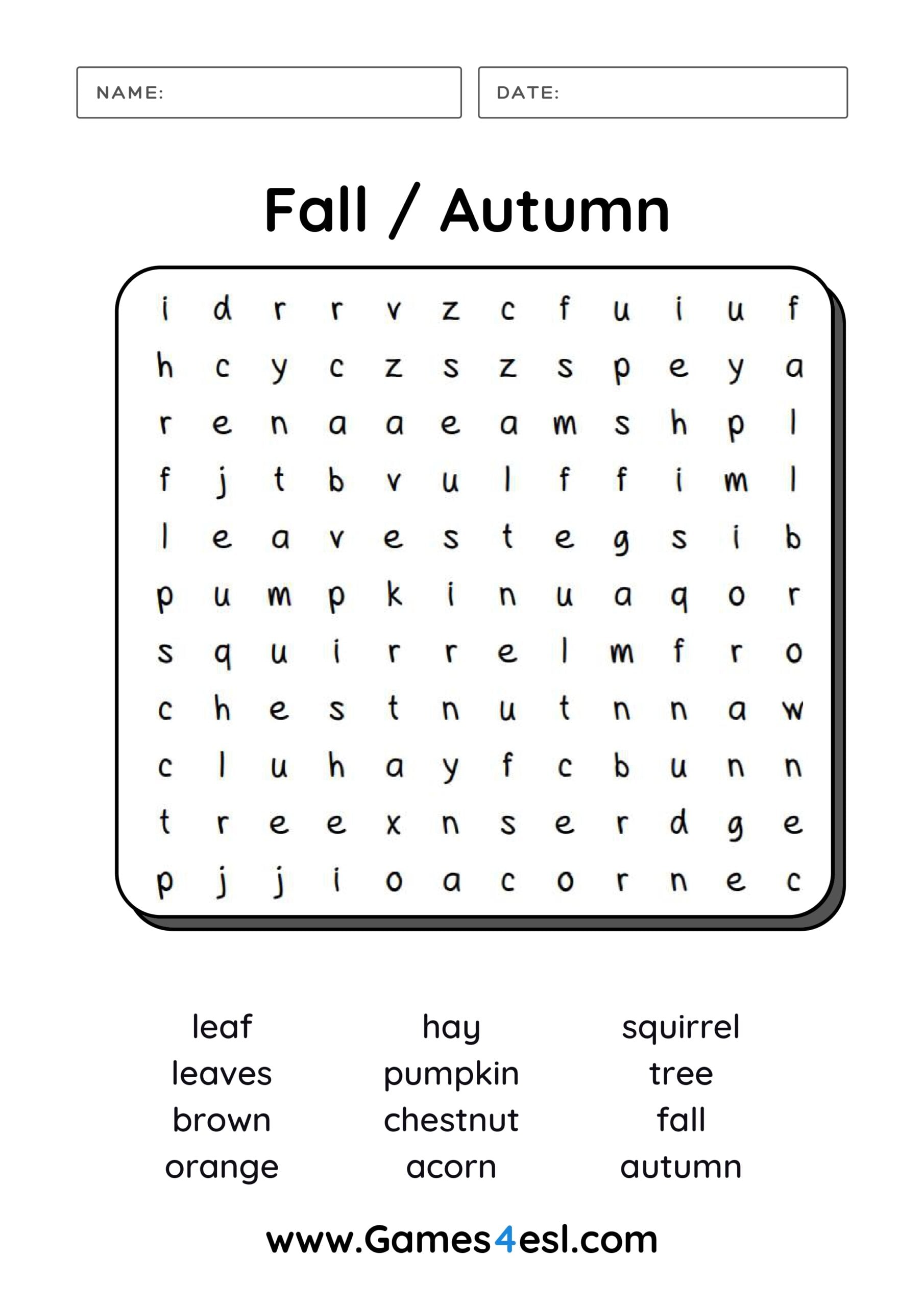 A Fall word search with words to do with fall/autumn.
