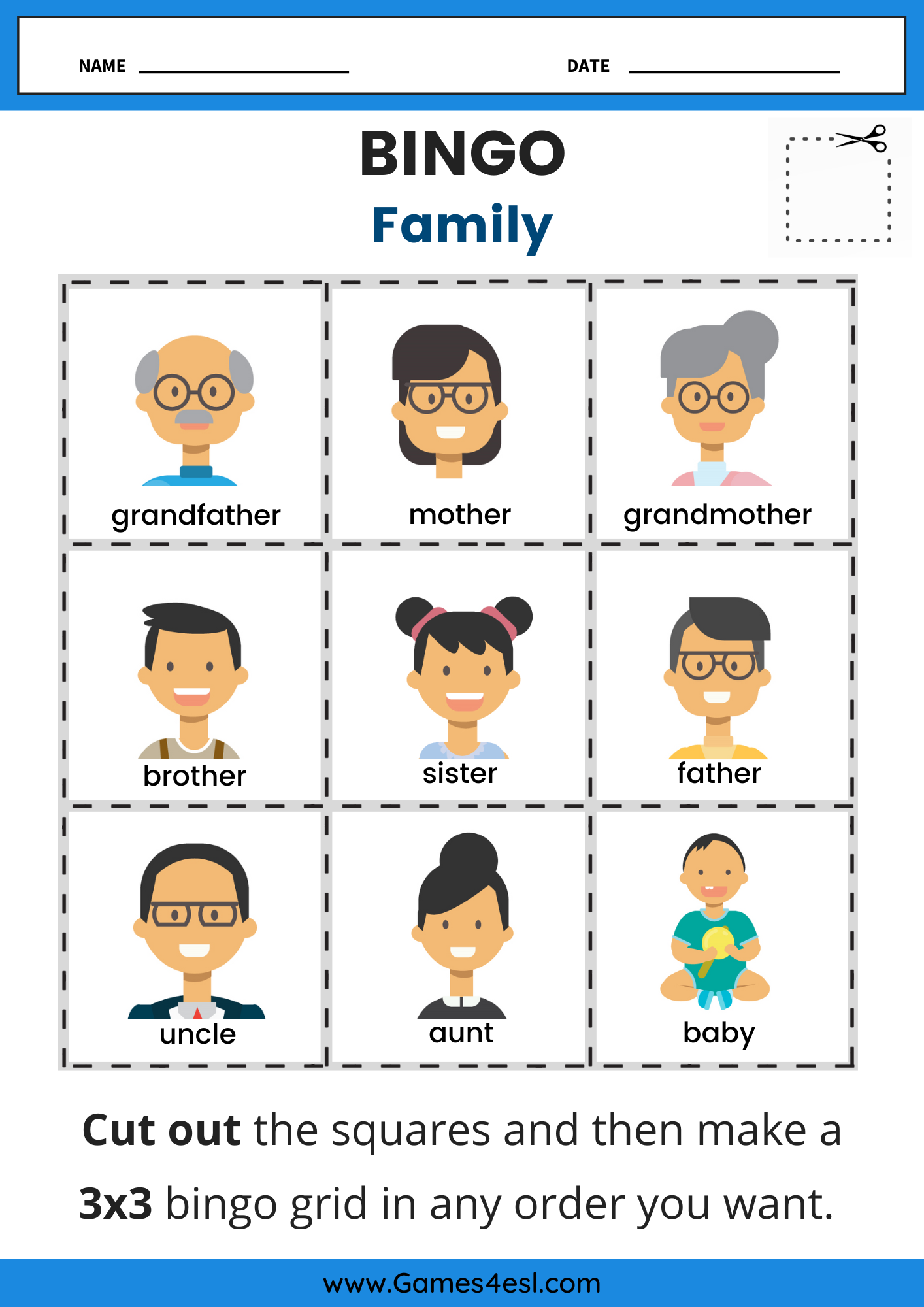 A family members bingo worksheet for kids.