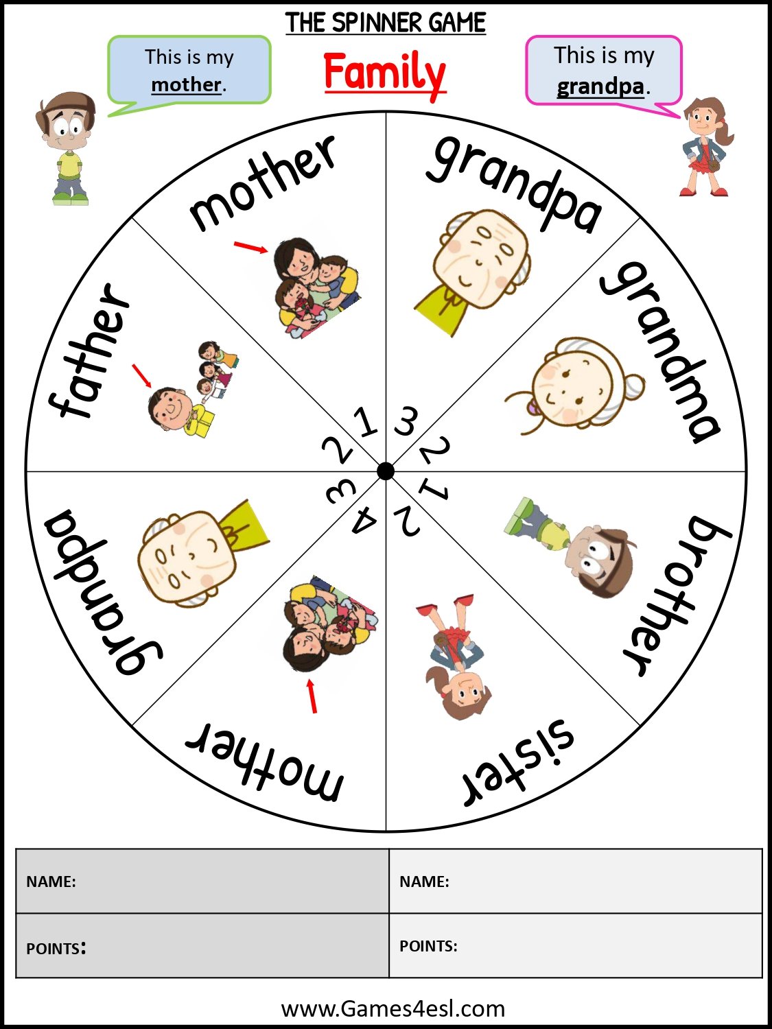 A printable board game about members of the family in English.