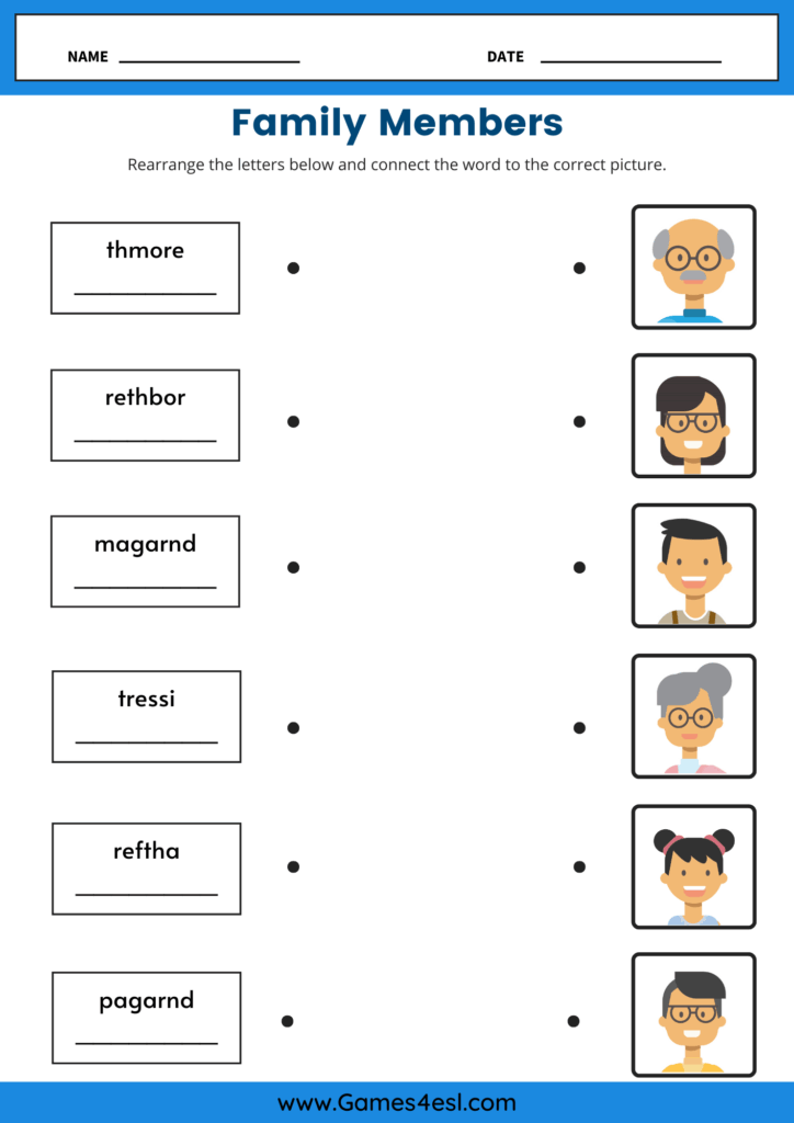A worksheet for practicing family vocabulary for kids.