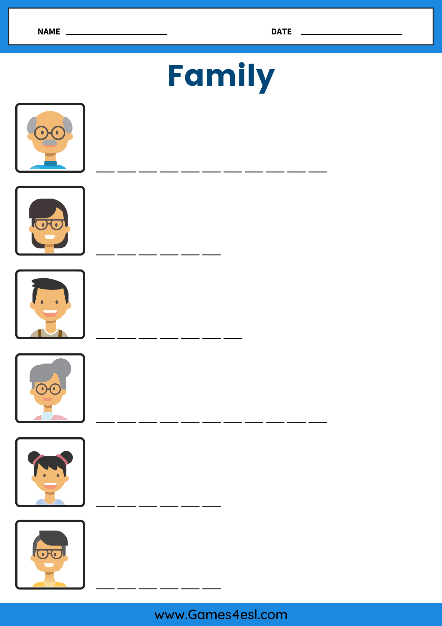A spelling worksheet about family members in English.