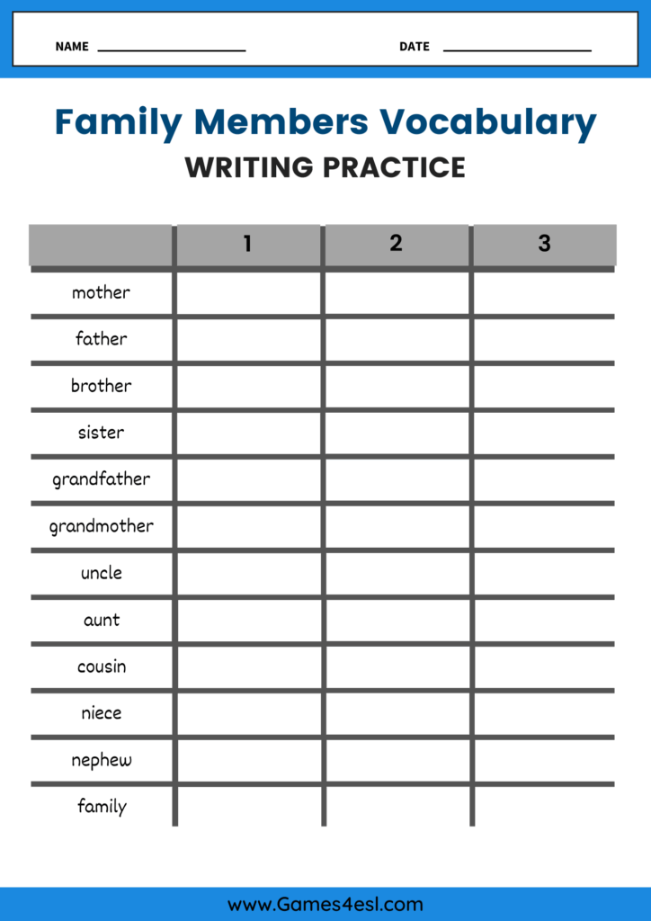 A family members writing practice worksheet.