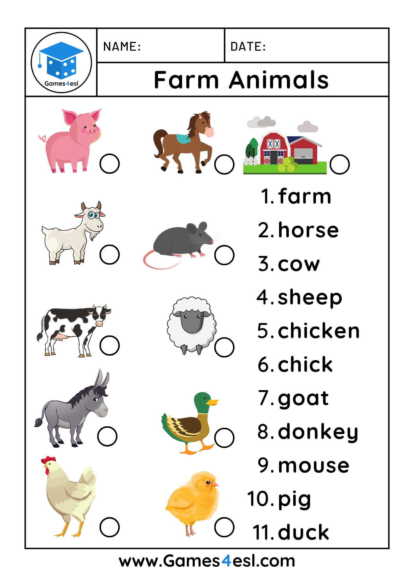 A Farm Animal Matching Worksheet