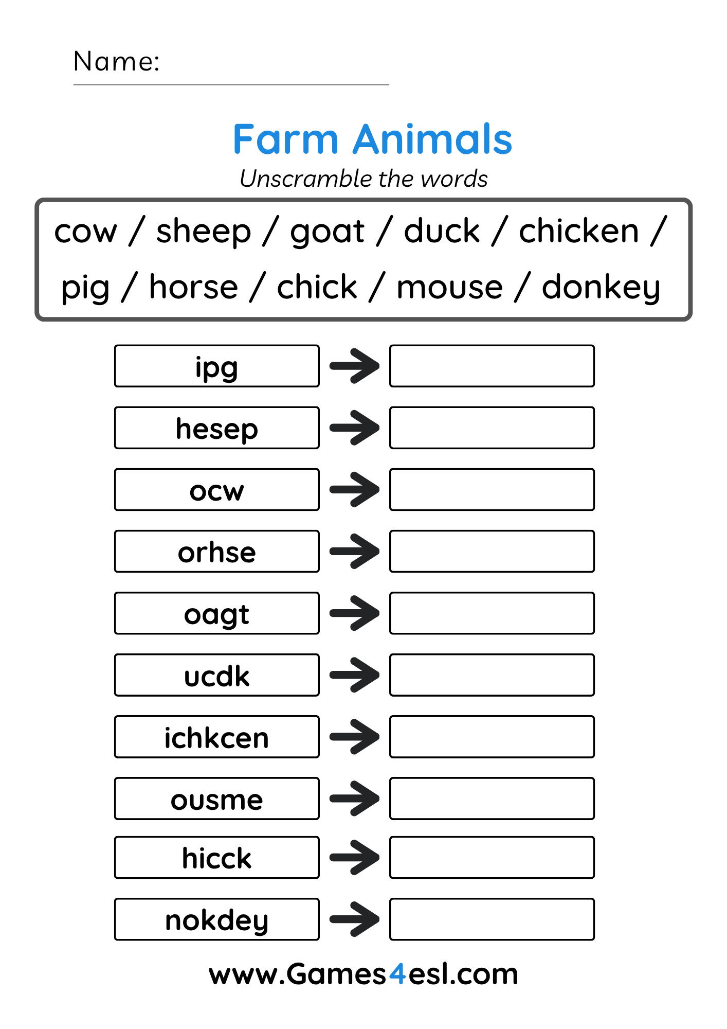A Farm Animal Spelling Worksheet