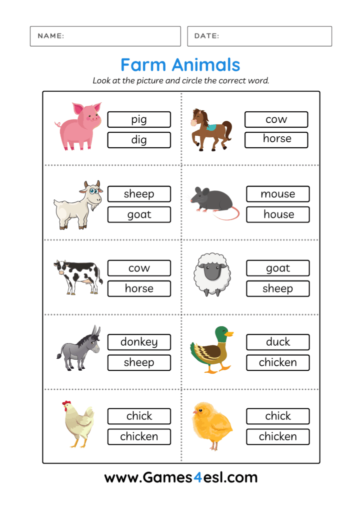 A Farm Animal Word Recognition Worksheet