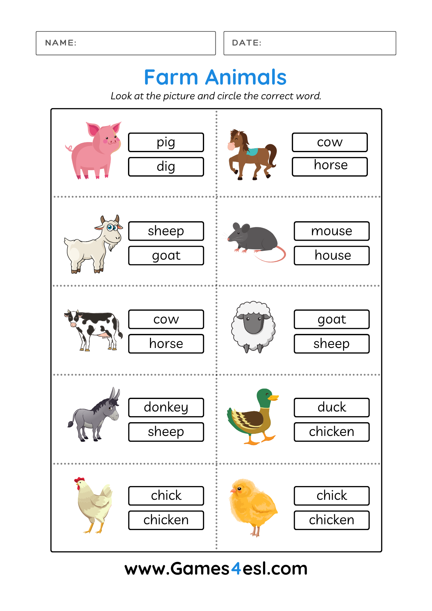 A Farm Animal Word Recognition Worksheet
