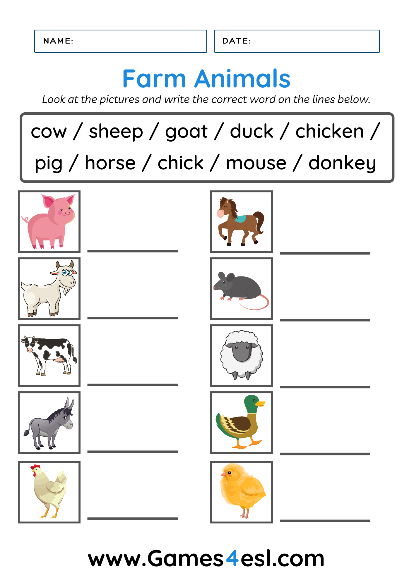 A Farm Animals Writing Worksheet