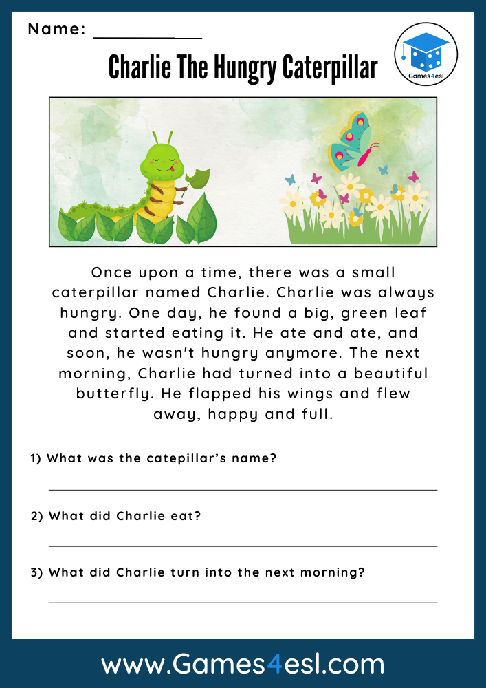 A reading comprension worksheet for 1st grade about a hungry caterpillar