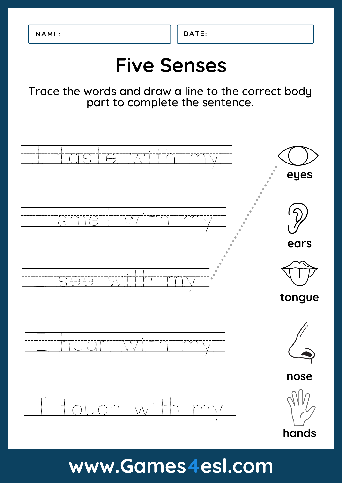 Printable five senses matching worksheet with body parts and senses for kids