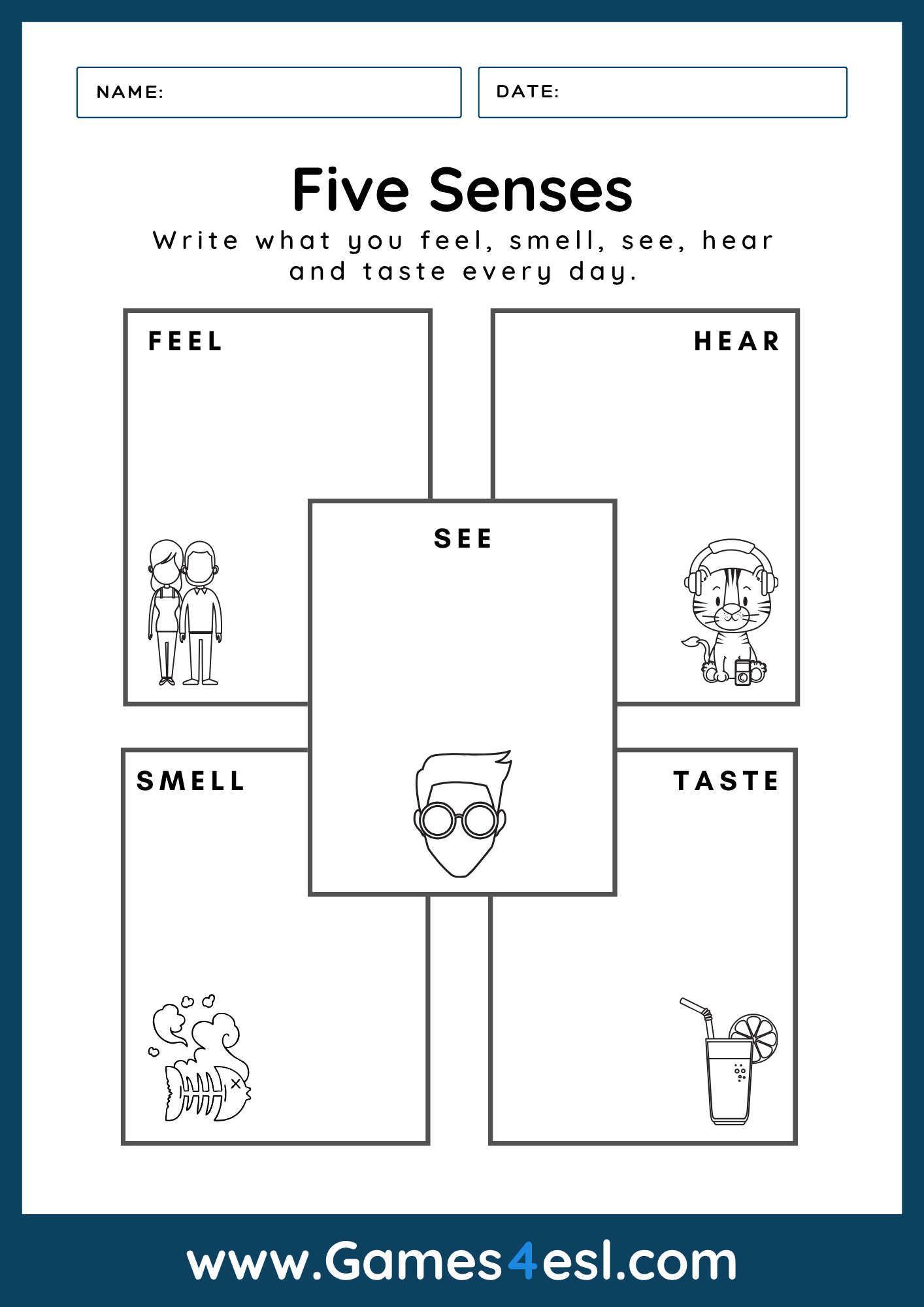 Writing for learning about the five senses in English.