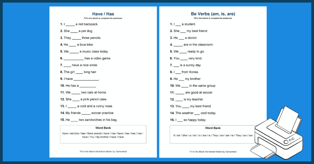 Example worksheets made by a Flil in the Blank Worksheet Generator