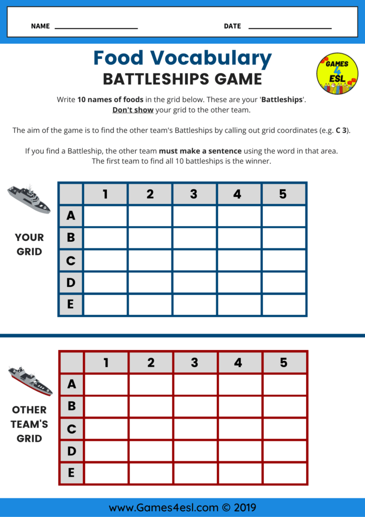A battleships game worksheet to review food names in English.