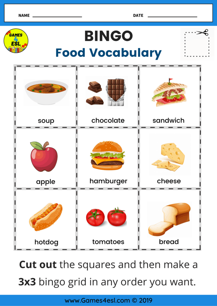 A food vocabulary bingo worksheet.