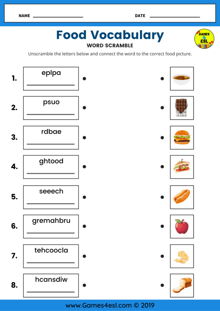 A food vocabulary worksheet in which students must unscramble the words.