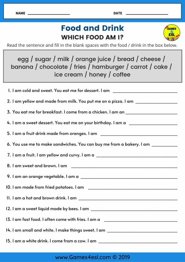 A fill in the blank worksheet about food.