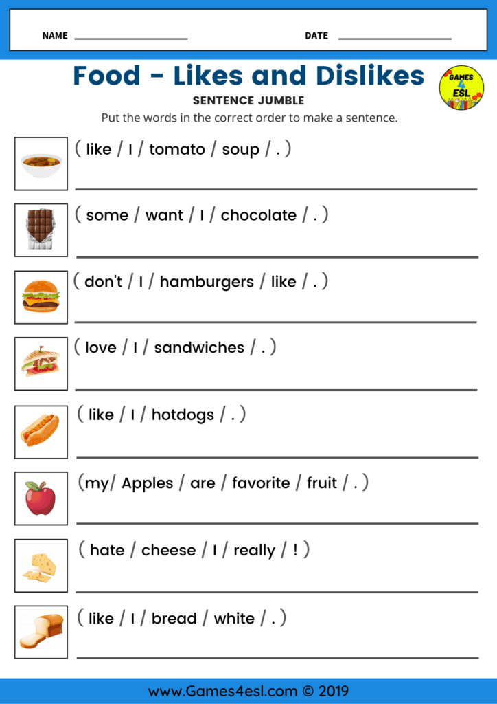 A food worksheet for writing sentences about likes and dislikes.