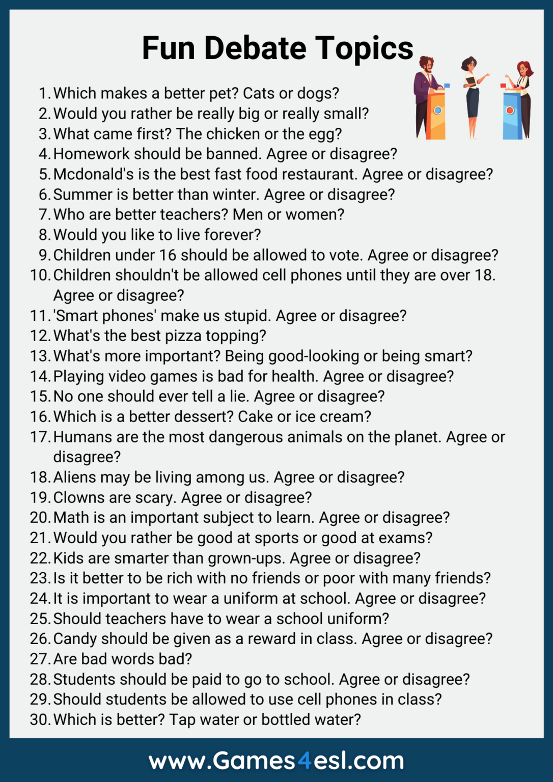 30 Funny Debate Topics List Of Fun Topics For Debate Games4esl